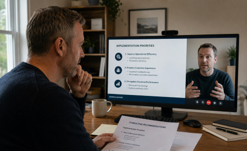 Online business consultant discussing implementation plans