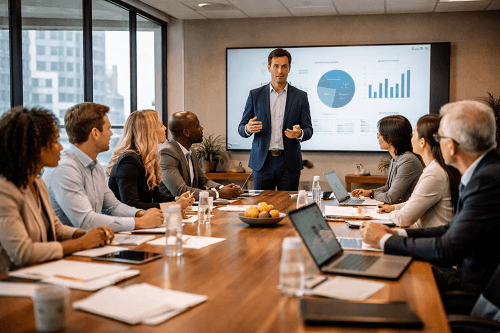 Business advisor reviewing governance and strategy with senior leadership team