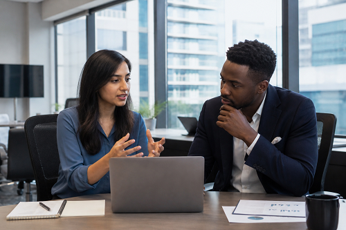 SME founder discussing business growth strategy with coach