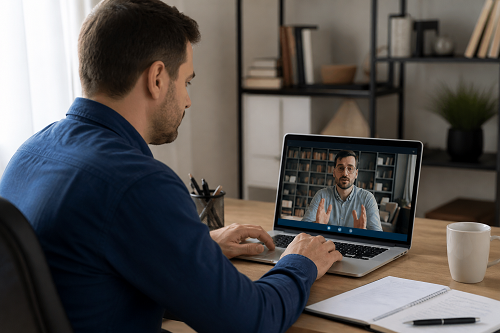 Business owner in virtual coaching session with advisor