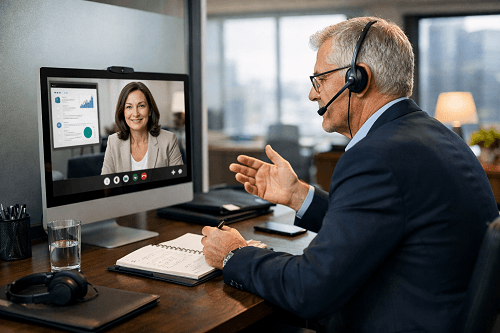 Executive business coaching session conducted via secure video call in a professional office setting, illustrating hybrid leadership coaching.