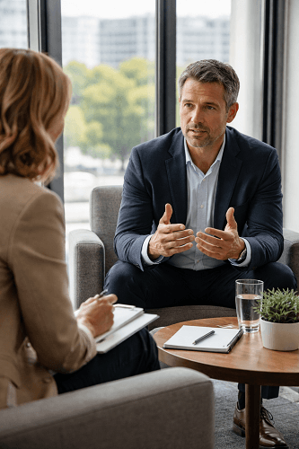 Confidential one-to-one business coaching discussion between executive and coach