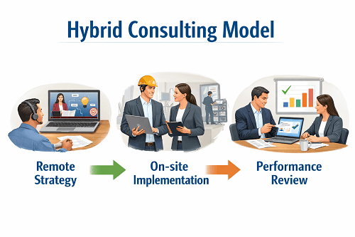 Diagram illustrating hybrid business consulting model combining remote strategy and on-site implementation