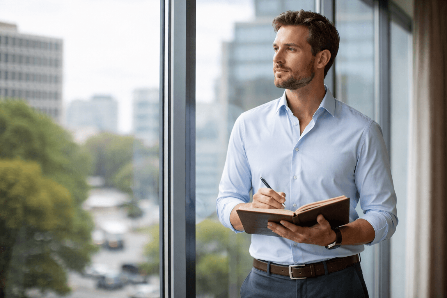 business owner standing by window reflecting on next business direction