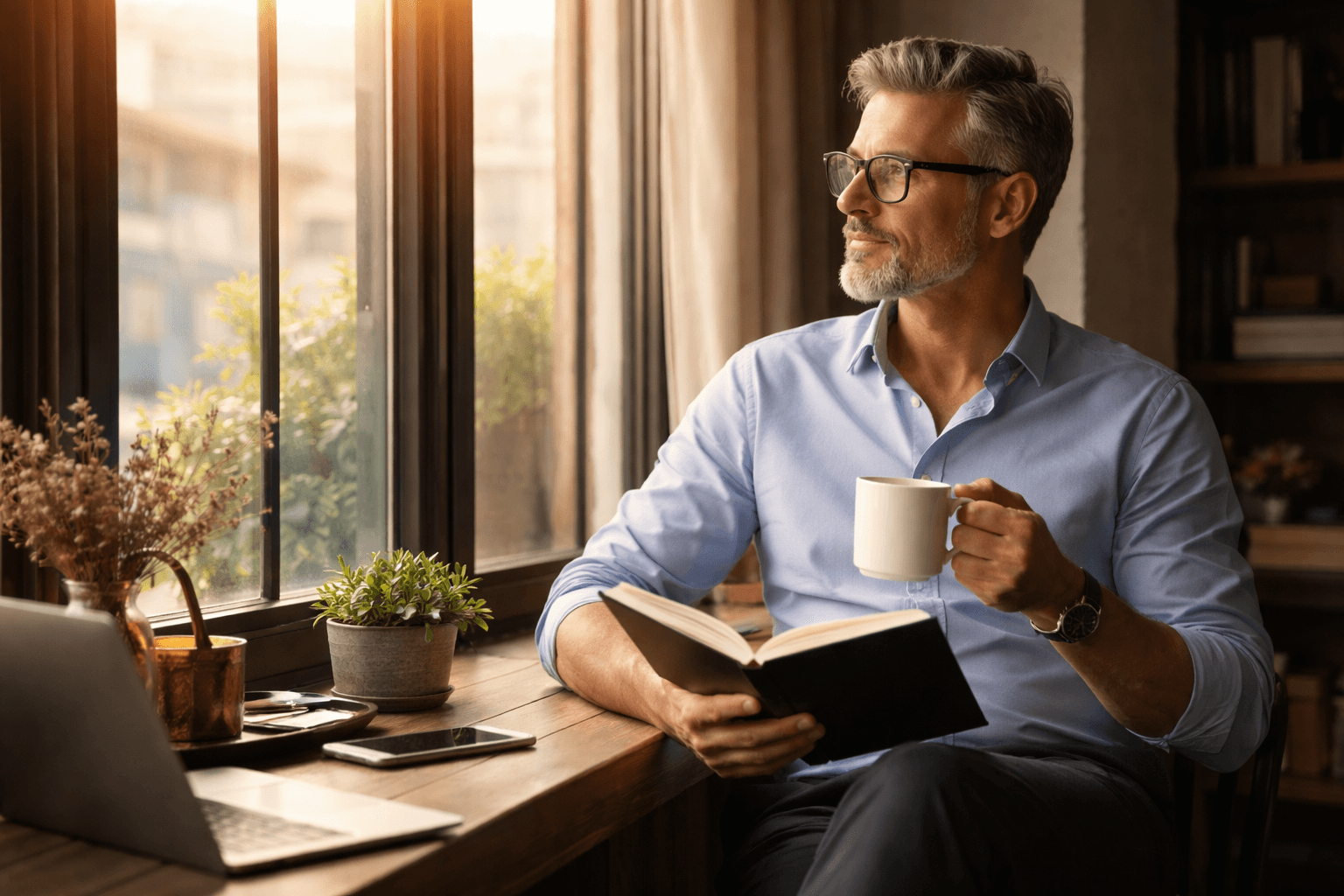 business owner reflecting with notebook and coffee near window