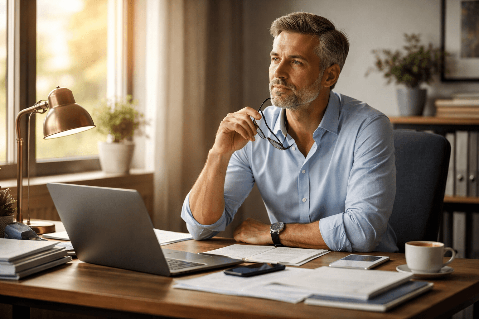business owner calmly reviewing work at desk, symbolizing alignment of effort and reward