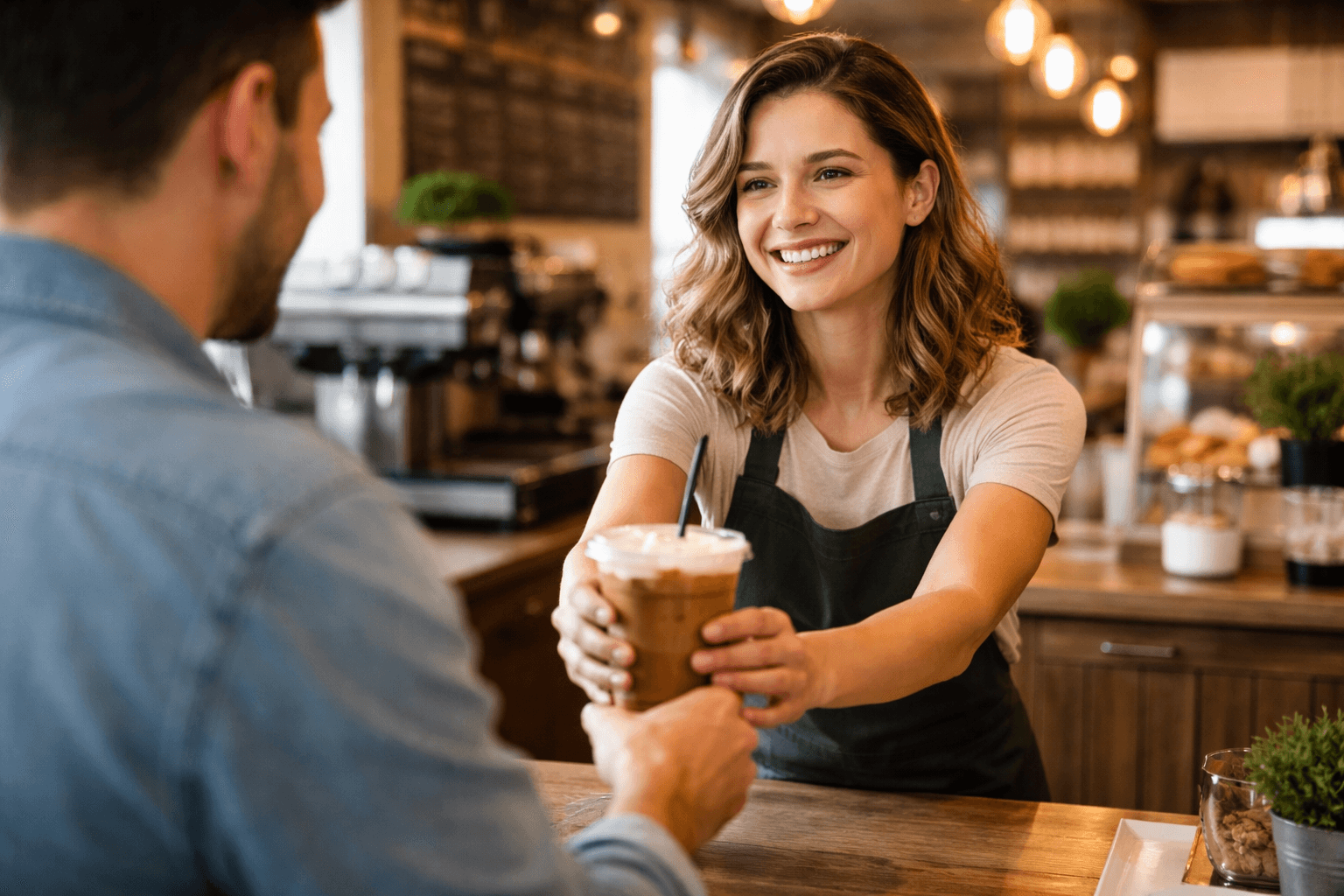 barista serving loyal customer