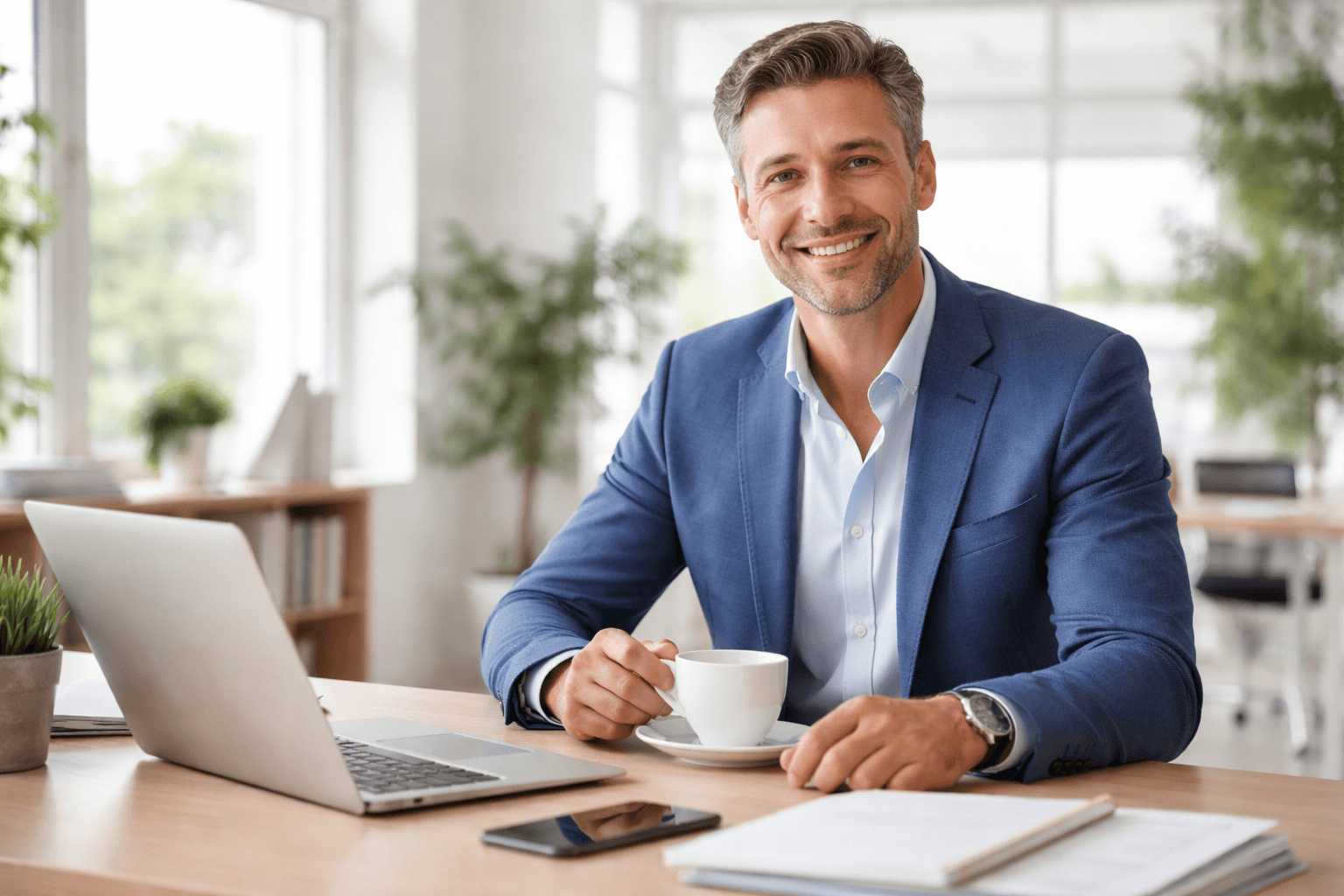 business owner at desk pouring tea into cup on saucer, symbolizing sustainable giving