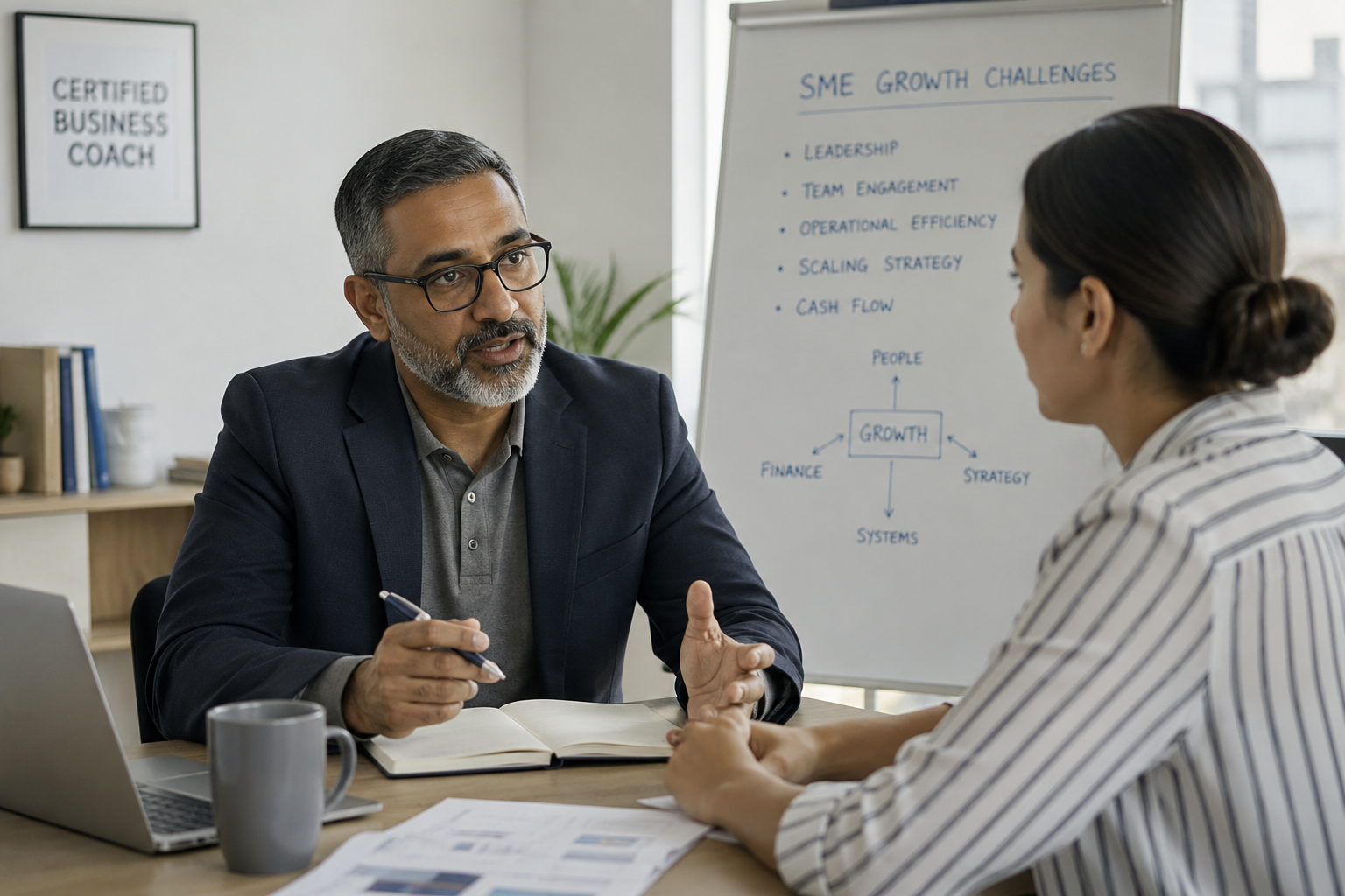 Alt Text: Certified business coach advising SME owner
