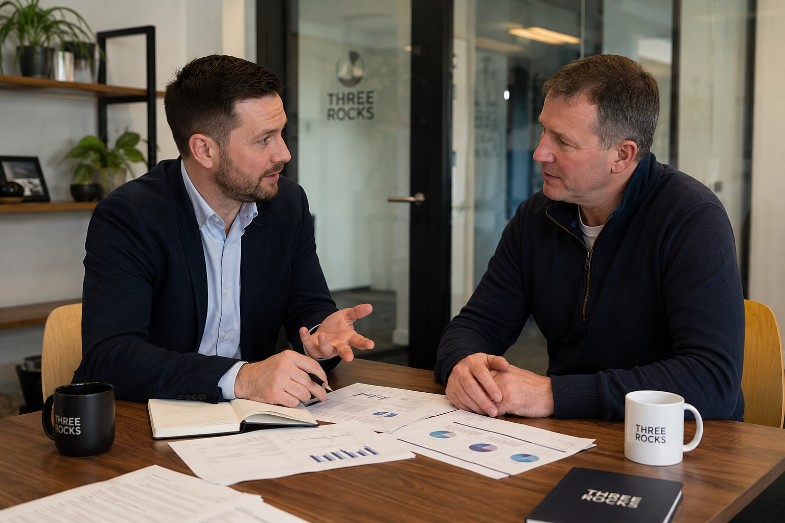 Business development consultant meeting with an SME owner to discuss growth opportunities, market expansion and strategic priorities.