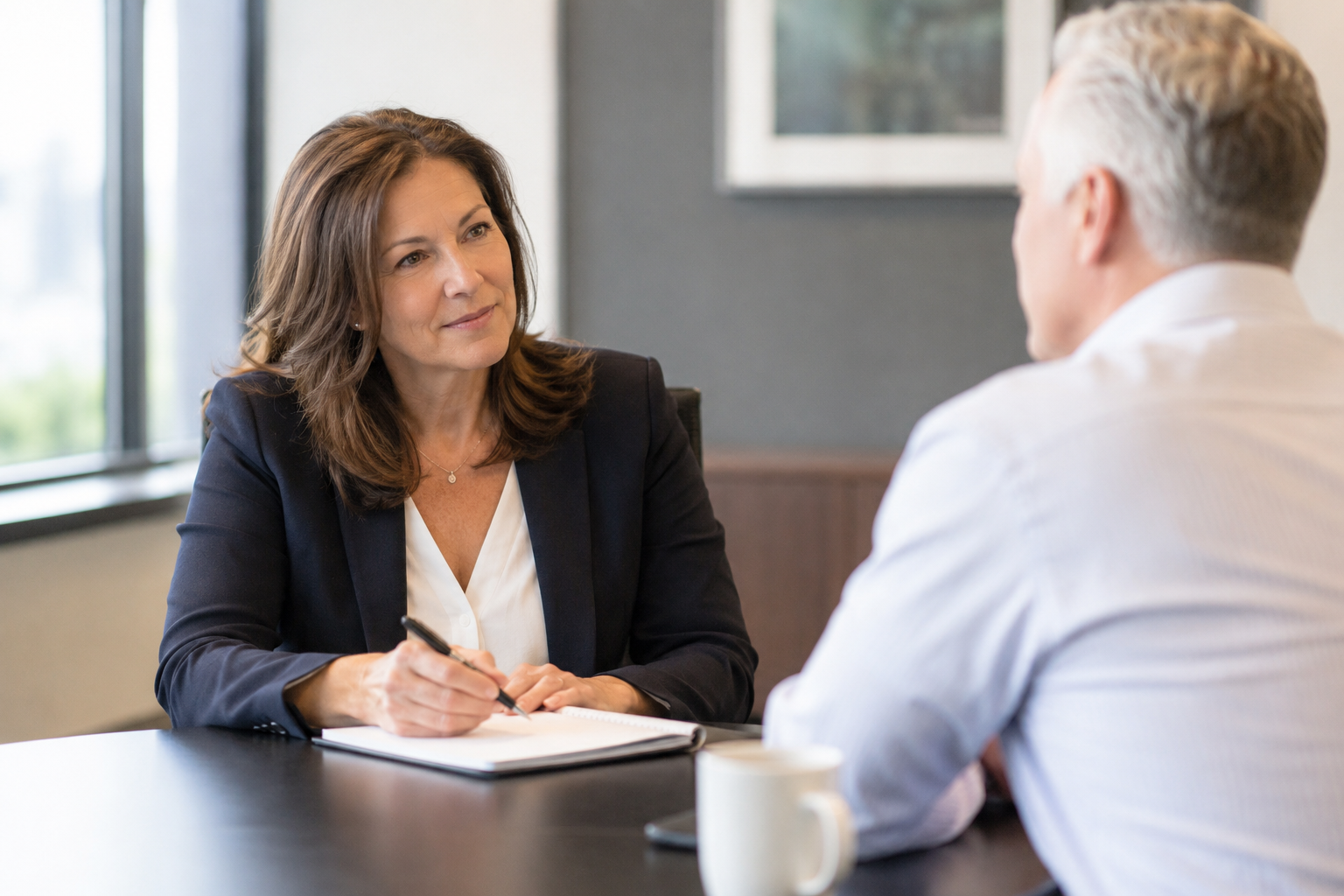 Executive business coach and leadership consultant meeting senior leader