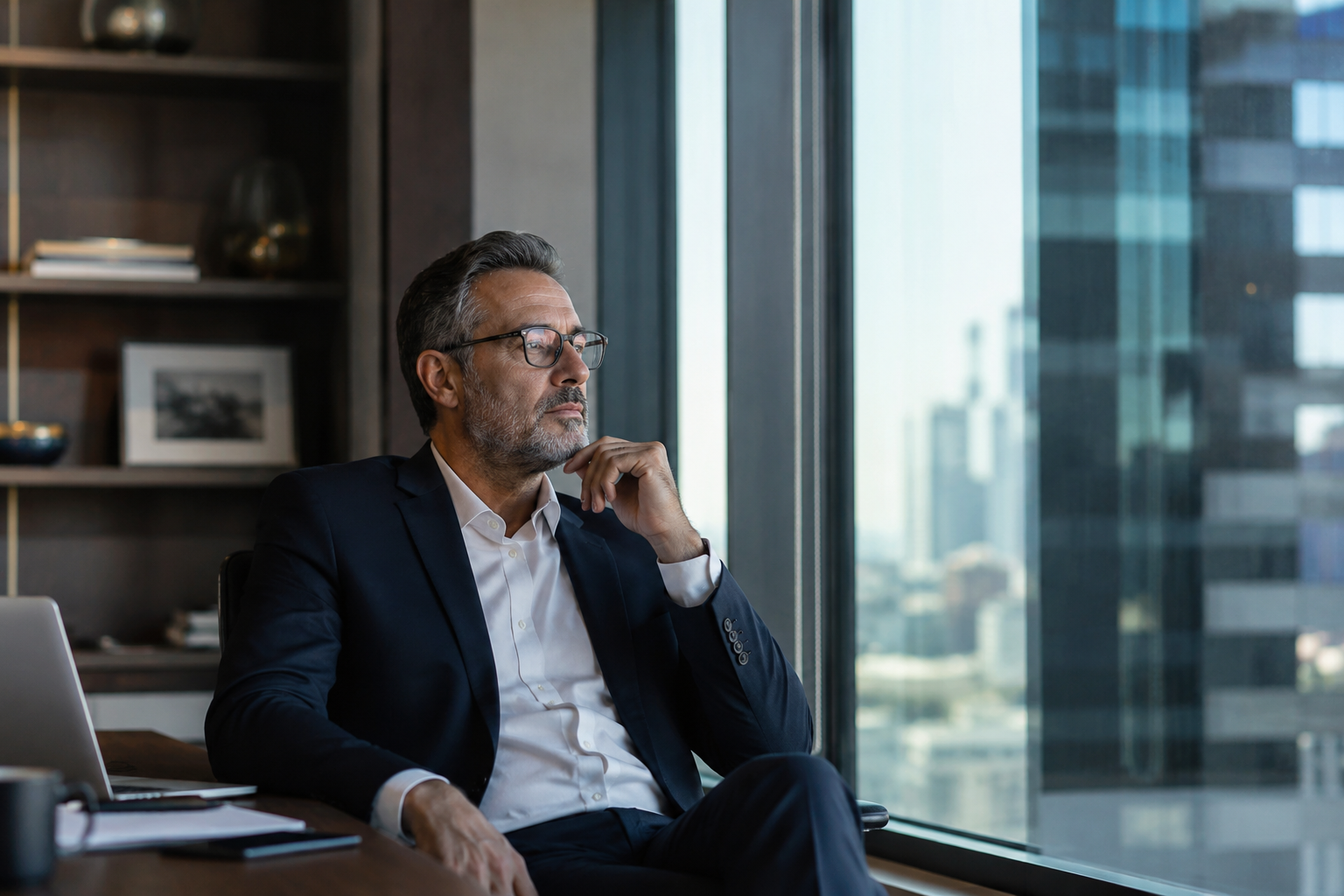 Senior executive reflecting alone in office environment