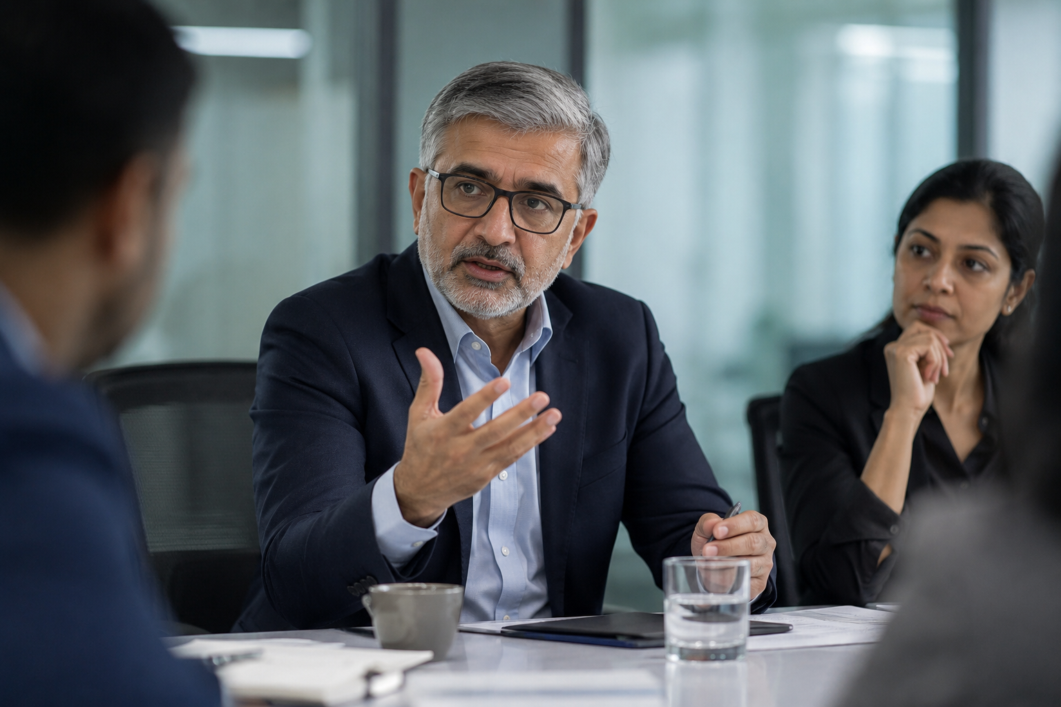 Senior executive demonstrating strong leadership presence during discussion