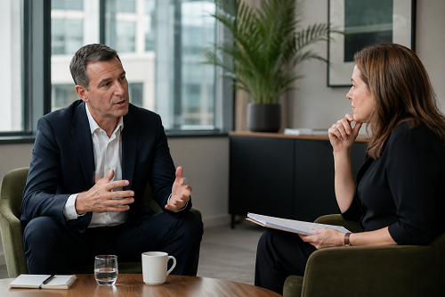 Irish executive discussing strategic leadership challenges with coach