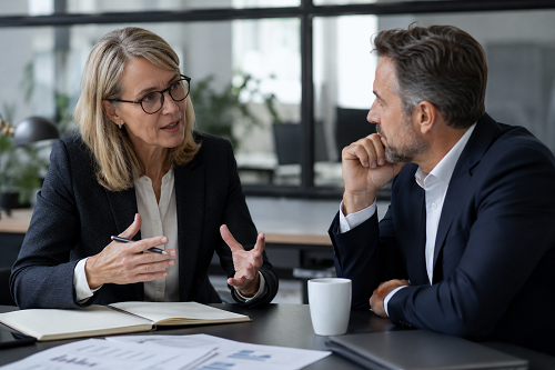 Senior business leader engaged in executive coaching discussion