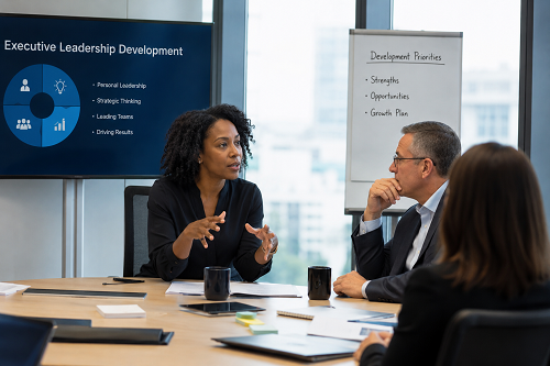 Executive leadership development discussion involving coaching and consulting support