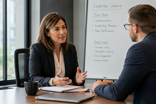 Corporate leadership coaching discussion focused on communication and leadership performance