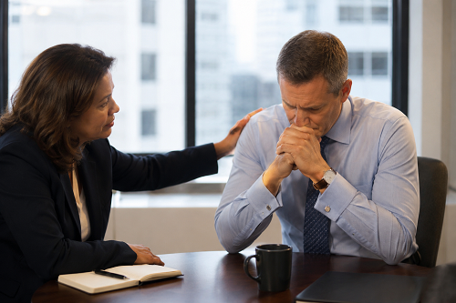 Executive coach supporting corporate leader through organisational pressure