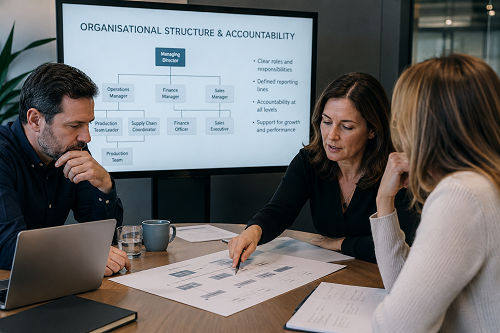 SME leadership reviewing organisational structure and accountability