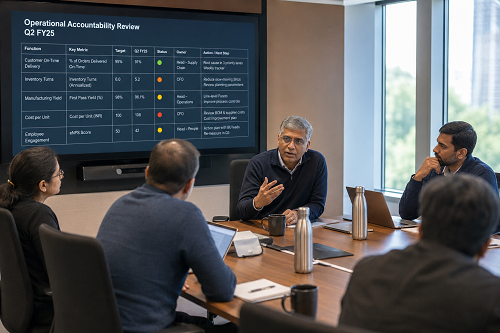 Founder reviewing operational accountability with management team