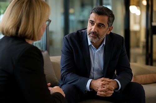 Executive coach supporting senior leader through leadership pressure