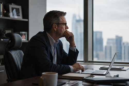 Executive reflecting on leadership pressure and wellbeing