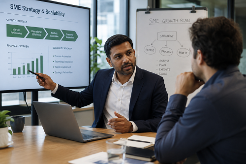 Business growth consultant discussing SME strategy and scalability