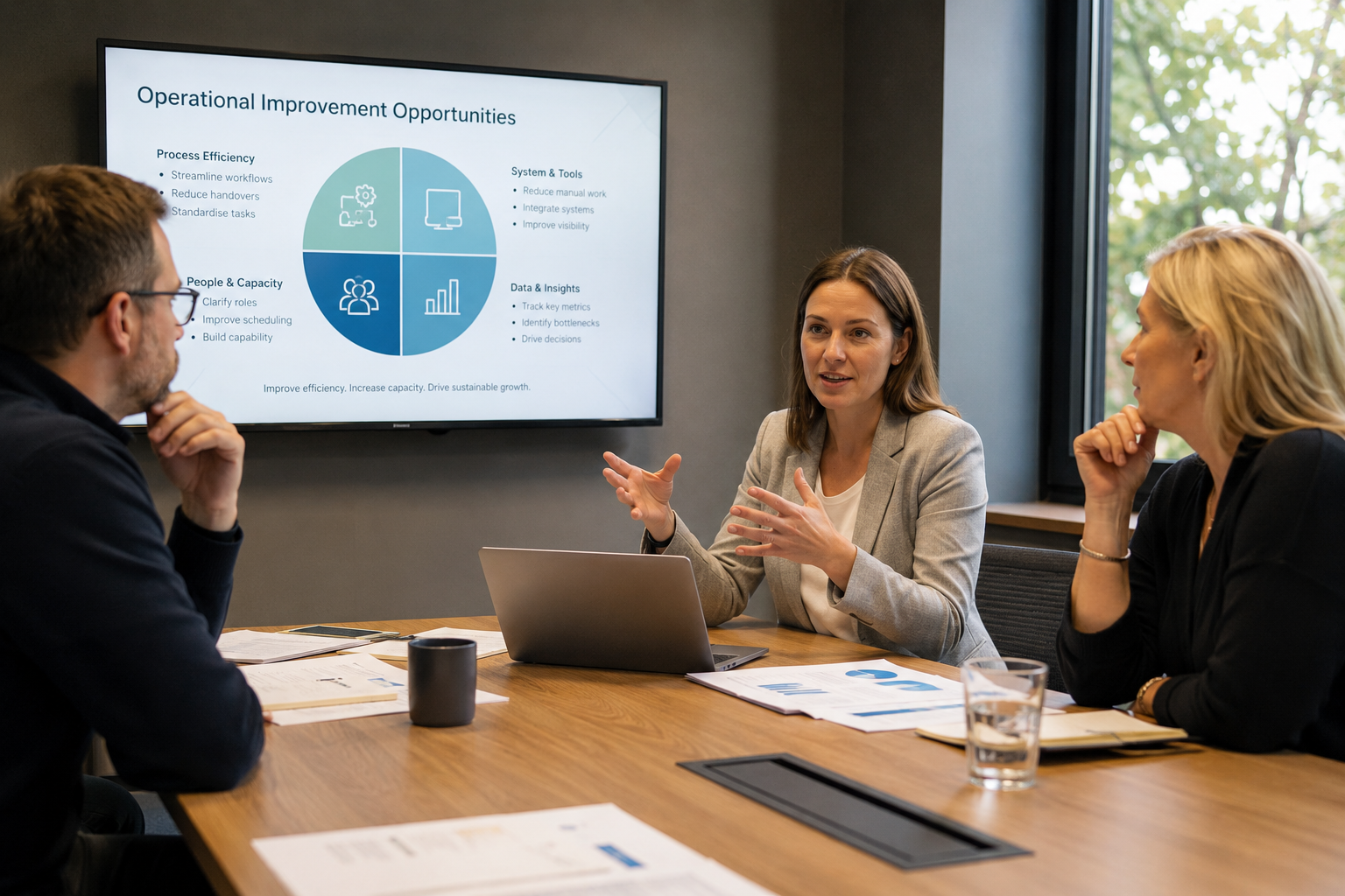 Business efficiency consultant discussing operational improvements with SME leadership