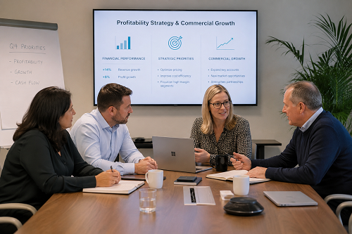 SME leadership team reviewing profitability strategy and commercial growth