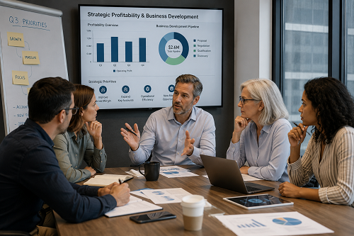 SME leadership discussing strategic profitability and business development