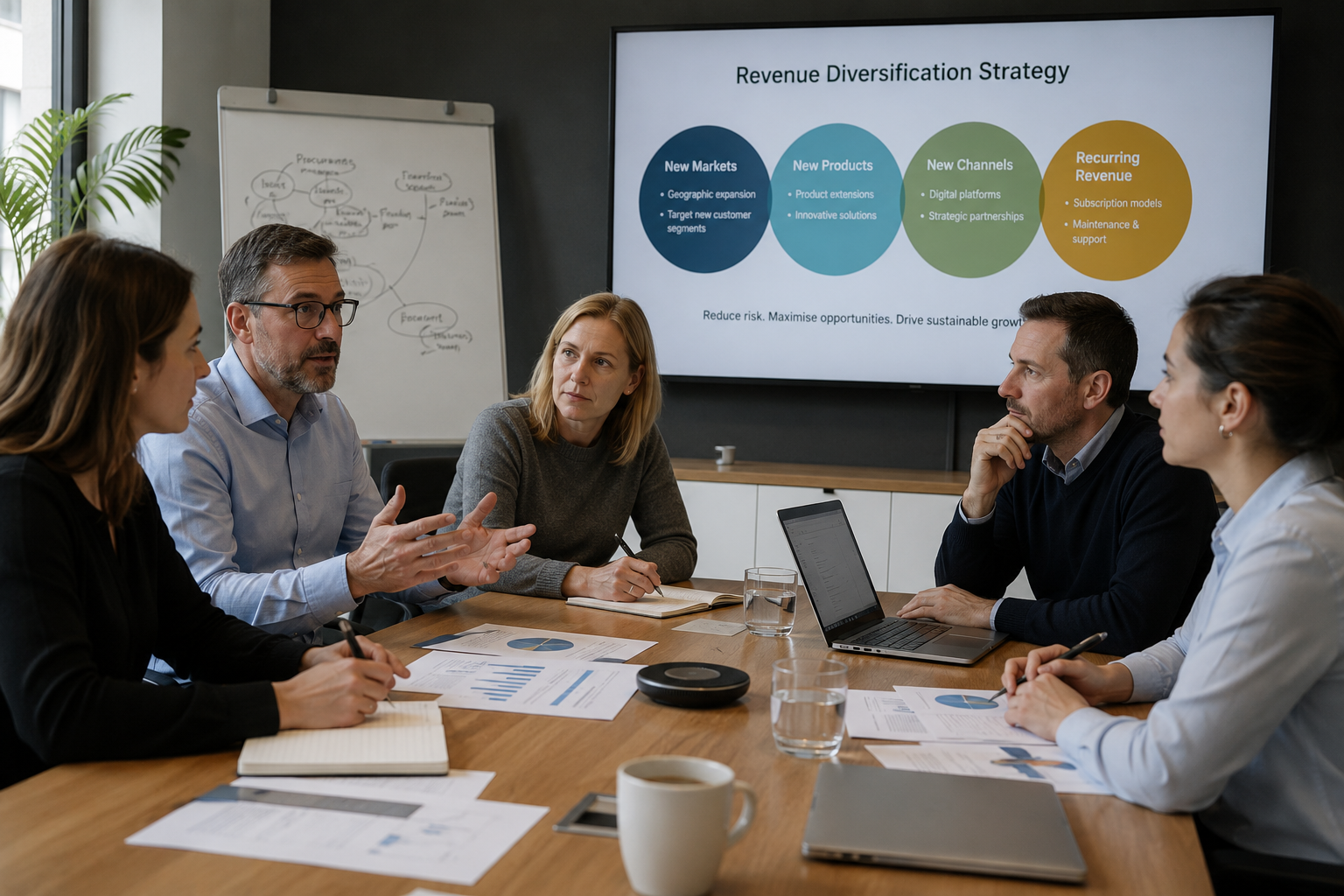 SME leadership team discussing revenue diversification strategy SME leadership team discussing revenue diversification strategy