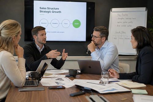 SME leadership team discussing sales structure and strategic growth