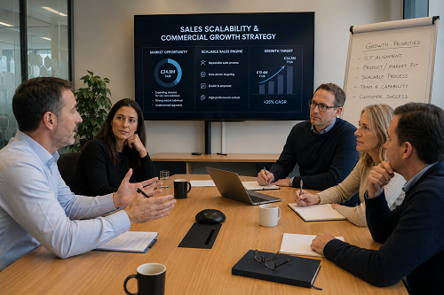 SME leadership team reviewing sales scalability and commercial growth strategy
