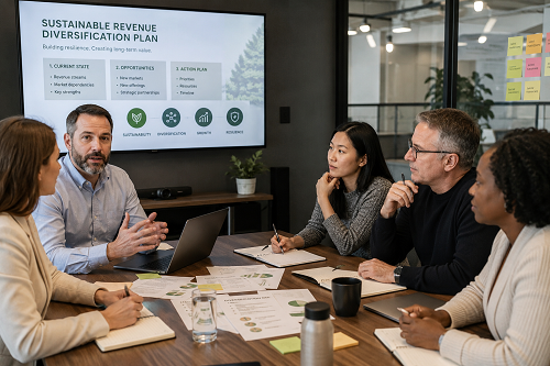 SME leadership team discussing sustainable revenue diversification planning