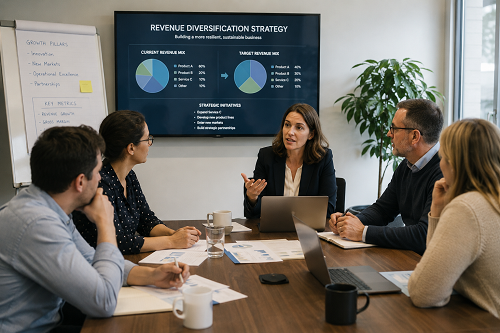 SME leadership team discussing revenue diversification strategy