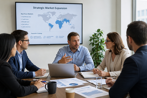 SME leadership team discussing strategic market expansion SME leadership team discussing strategic market expansion