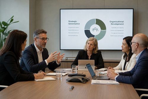 Executive leadership team discussing strategic governance and organisational development