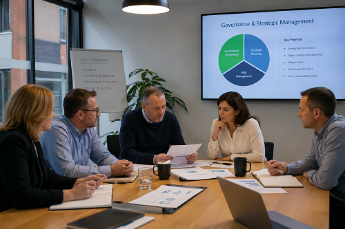 SME leadership team reviewing governance and strategic management planning