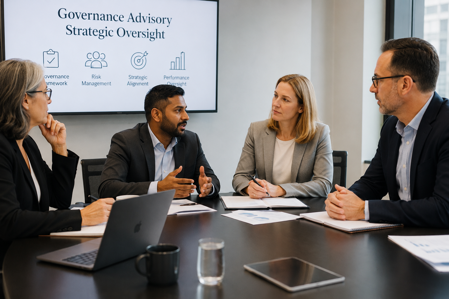 SME leadership team discussing governance advisory and strategic oversight SME leadership team discussing governance advisory and strategic oversight