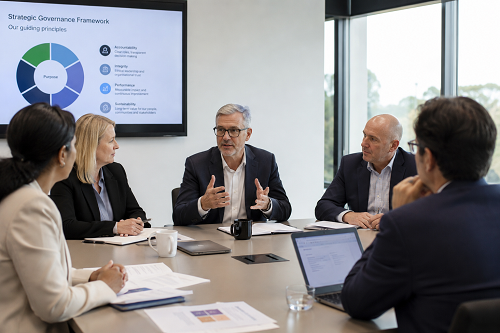 Executive leadership team discussing strategic governance and organisational planning