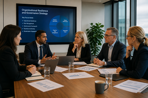 Executive leadership team reviewing organisational resilience and governance strategy