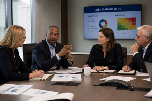 Executive leadership team discussing risk management and governance oversight