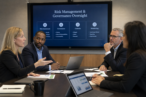 SME leadership team discussing governance and organisational risk oversight