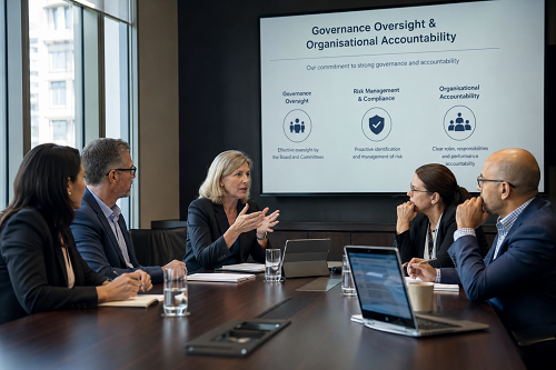 Executive leadership team discussing governance oversight and organisational accountability