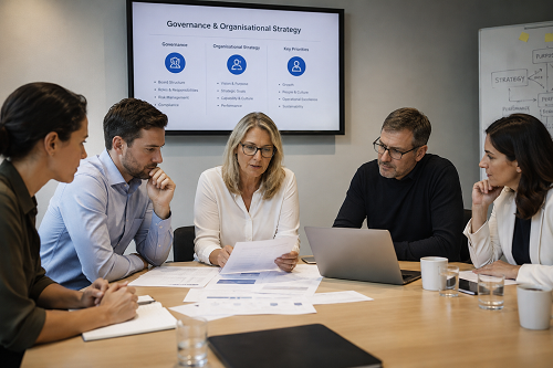 SME leadership team reviewing governance and organisational strategy