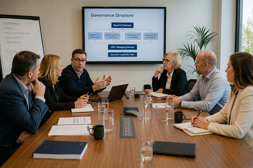 SME board and leadership team discussing governance structure