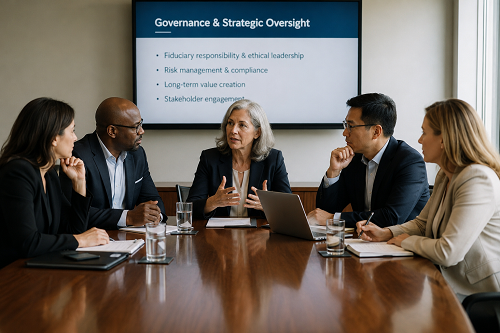 Executive board discussing governance and strategic oversight