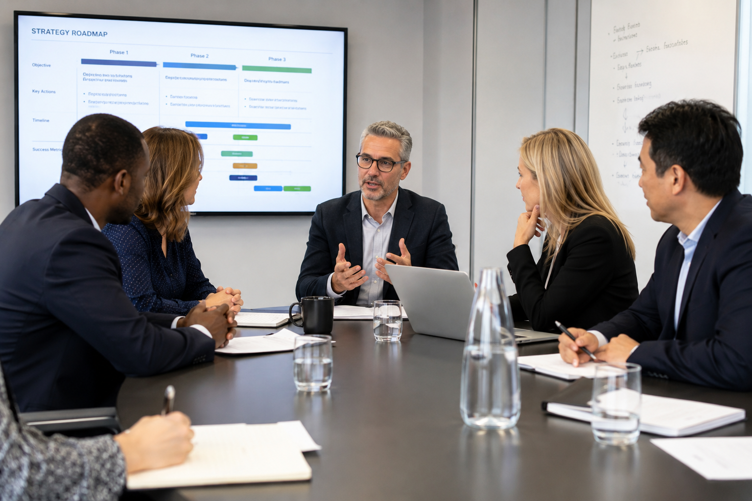 Executive leadership team meeting with business strategy advisor and executive coach