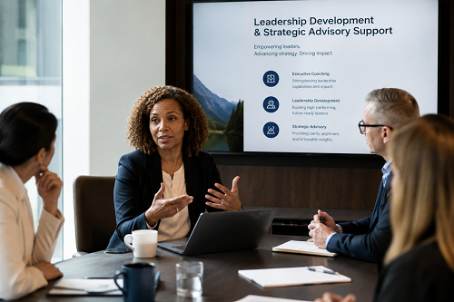 Executive leader discussing leadership development and strategic advisory support