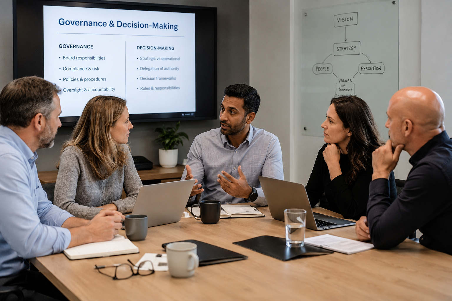 SME leadership team discussing governance and decision-making responsibilities